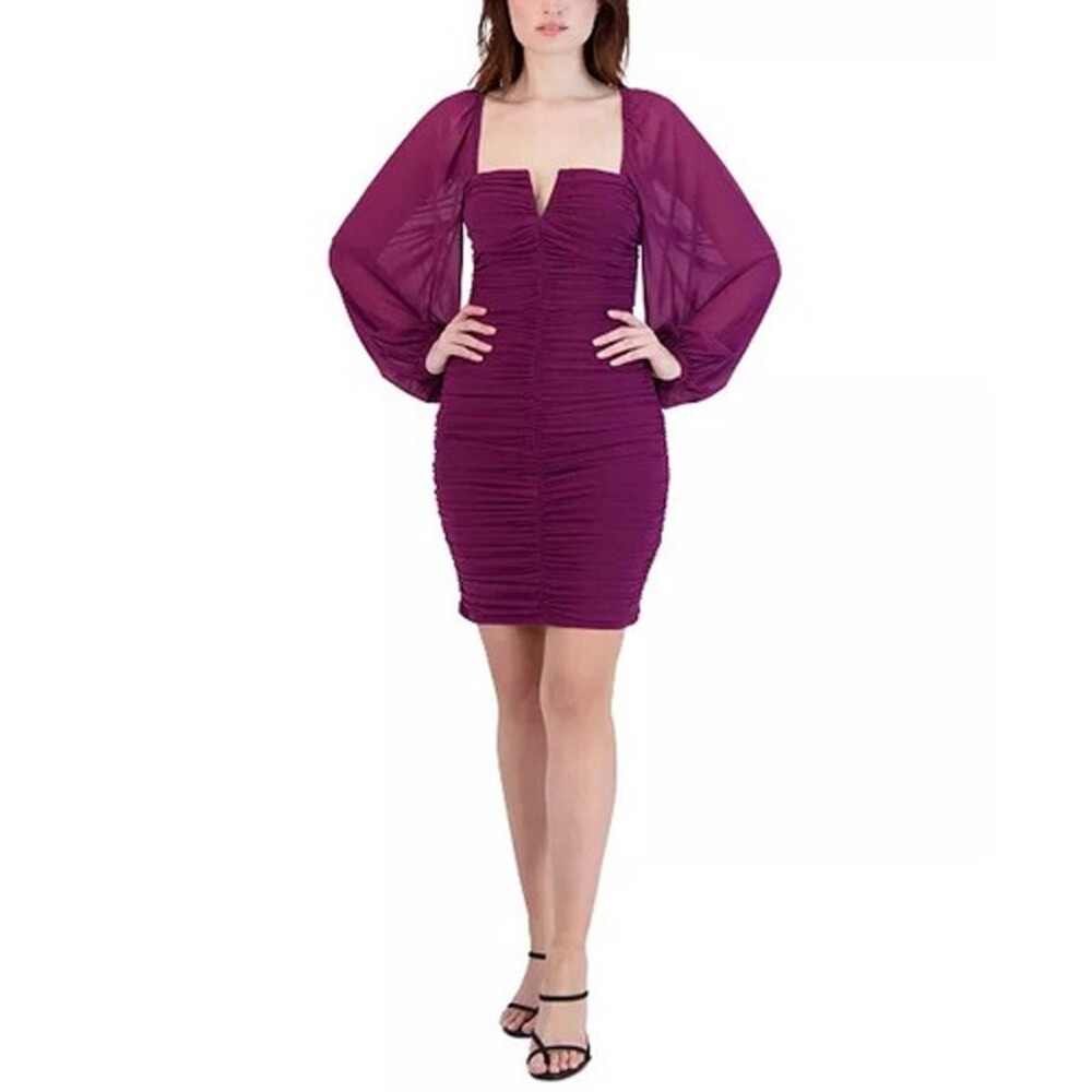 New BCBGENERATION Womens Ruched Bodycon Dress Long Sheer Sleeves Size 4